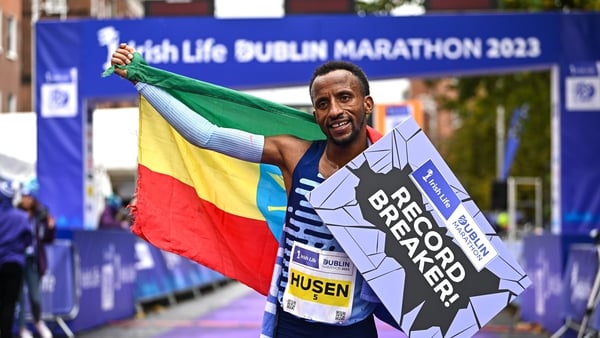 Kemal Husen celebrates after the finish line in Merrion Square