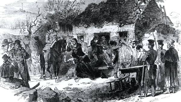 Irish family evicted from their home in 1848. Wood engraving from the Illustrated London News. Photo: Ann Ronan Pictures/Print Collector/Getty Images
