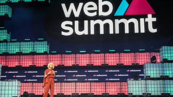 Katherine Maher, CEO of Web Summit, delivers a speech on the opening day of the event in Lisbon