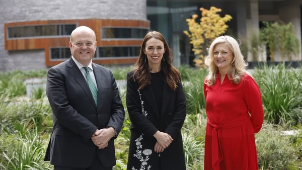 AIB CEO Colin Hunt , Jacinda Ardern, the former Prime Minister of New Zealand and Helen Normoyle, Chair of Sustainable Business Advisory Committee in AIB at today's conference