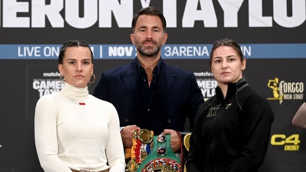 Chantelle Cameron and Katie Taylor at today's press conference along with promoter Eddie Hearn